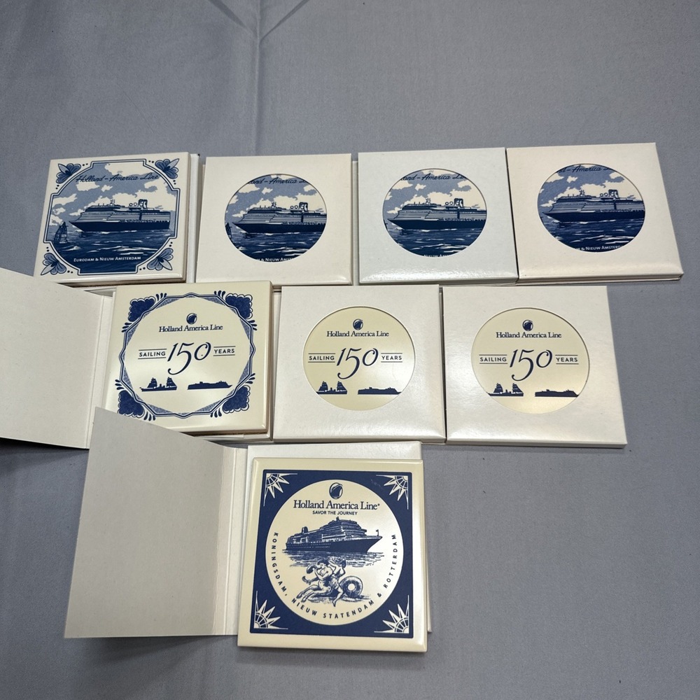 Lot of 8 Holland America Line Delft Blue Ceramic Tile Coasters Cork #4